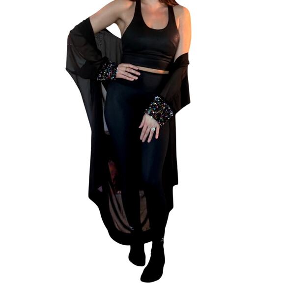 Sheer Hooded Open Kimono Glitter Sequin Cuffs. Black. Fits Small-Large Festival - Picture 7 of 9